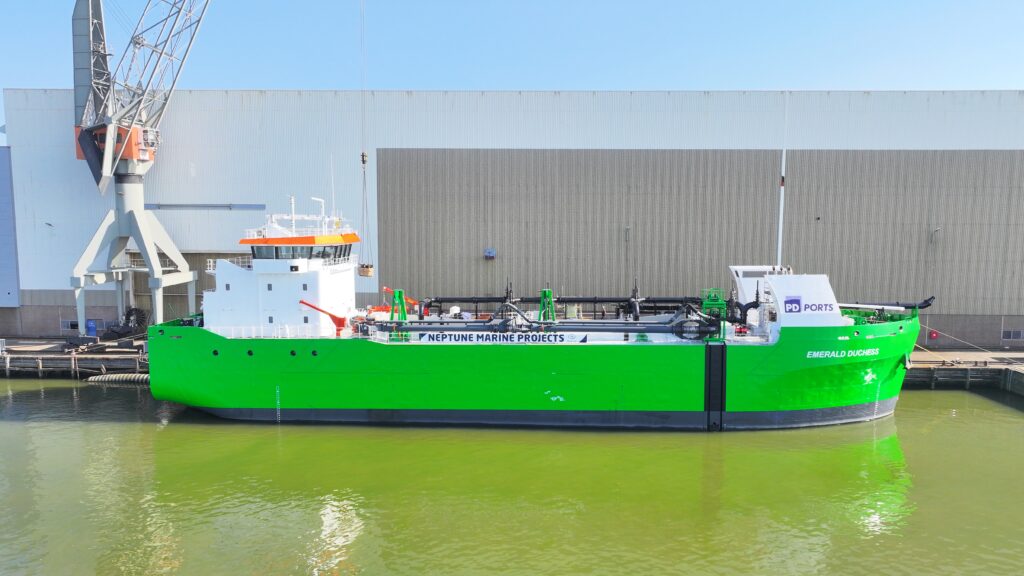 Electric Dredger Emerald Duchess docked at a shipyard